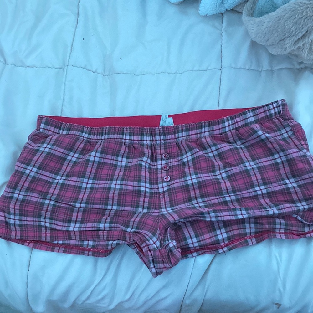 Pink and white plaid “sleep” shorts